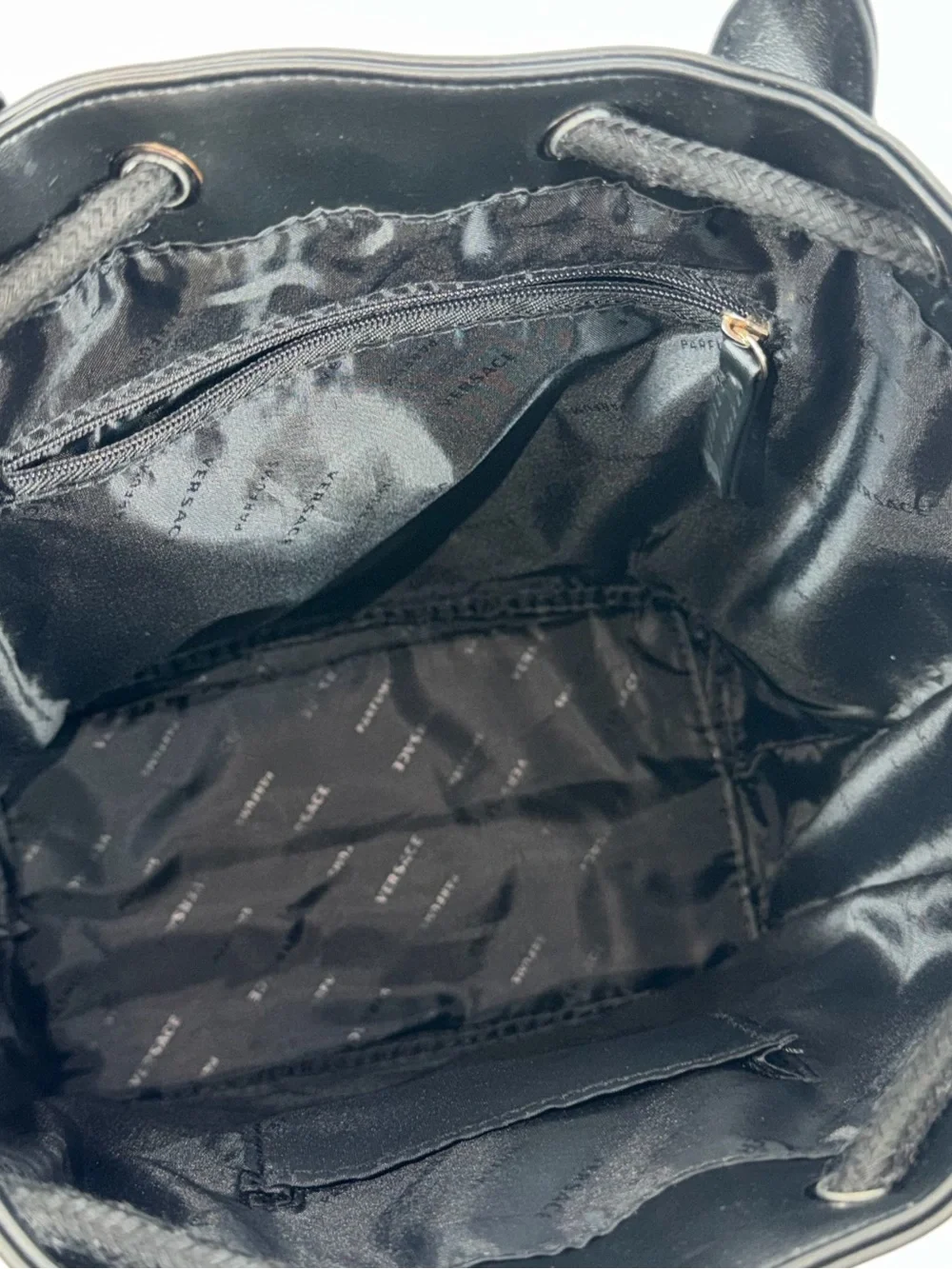Versace Parfums Black Nylon Backpack Gold Logo NWOT Cinch Drawstring Travel Bag